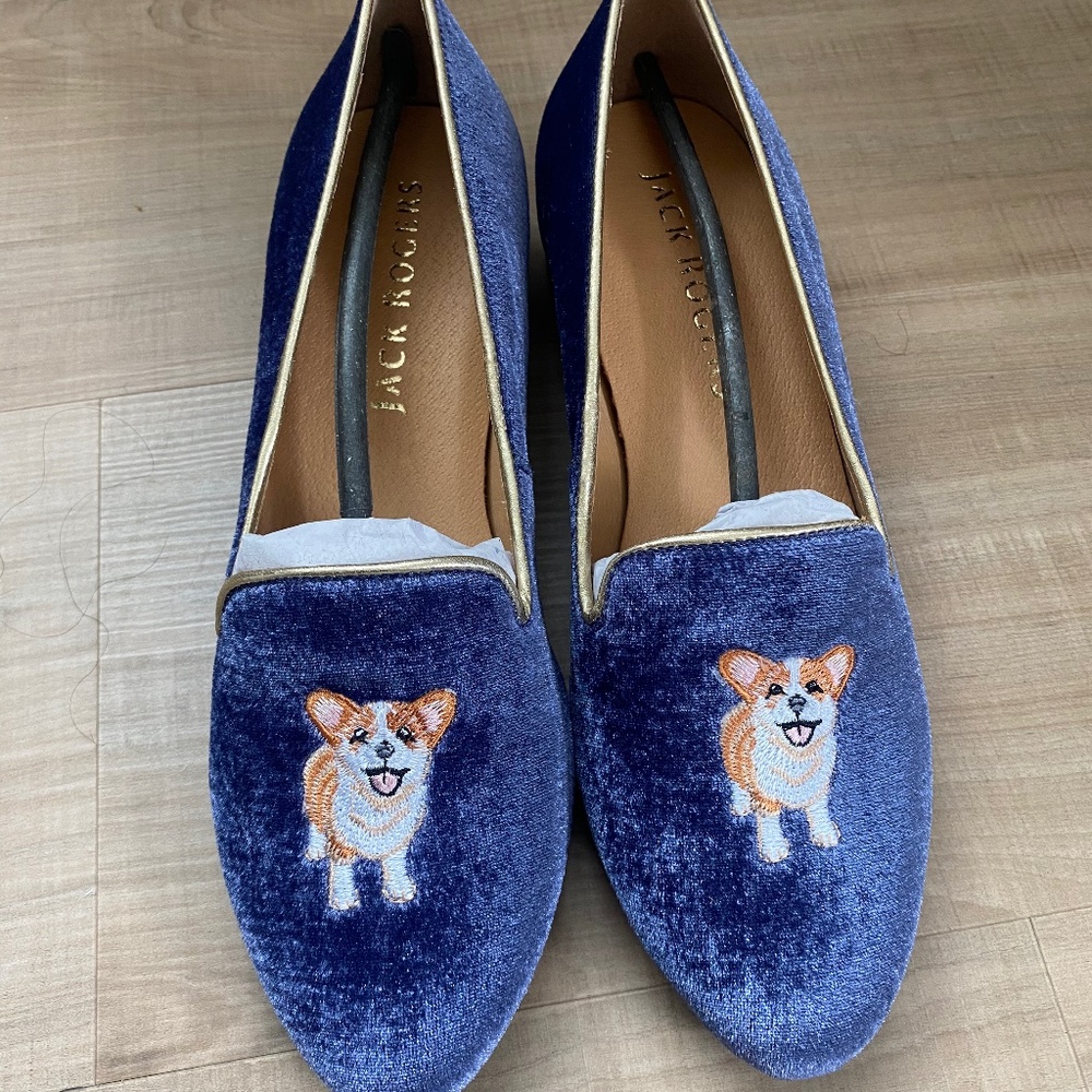 Jack Rogers Navy Velvet Embroidered Corgi Loafers 7.5